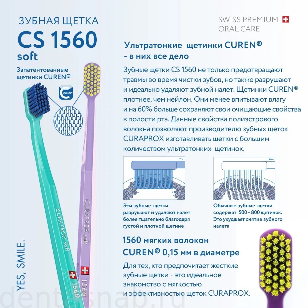 Зубная щетка для ежедневной гигиены полости рта CURAPROX CS 1560 soft, (d=0.15, 1560) для взрослых и подростков от 13 лет, в блистерной упаковке