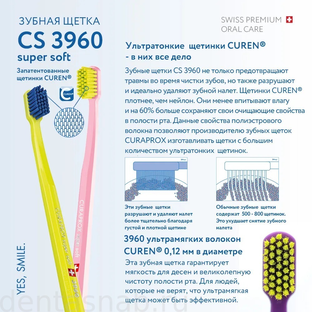 Зубная щетка для ежедневной гигиены полости рта CURAPROX CS 3960 supersoft, (d=0.12, 3960) для взрослых и подростков от 13 лет, в блистерной упаковке